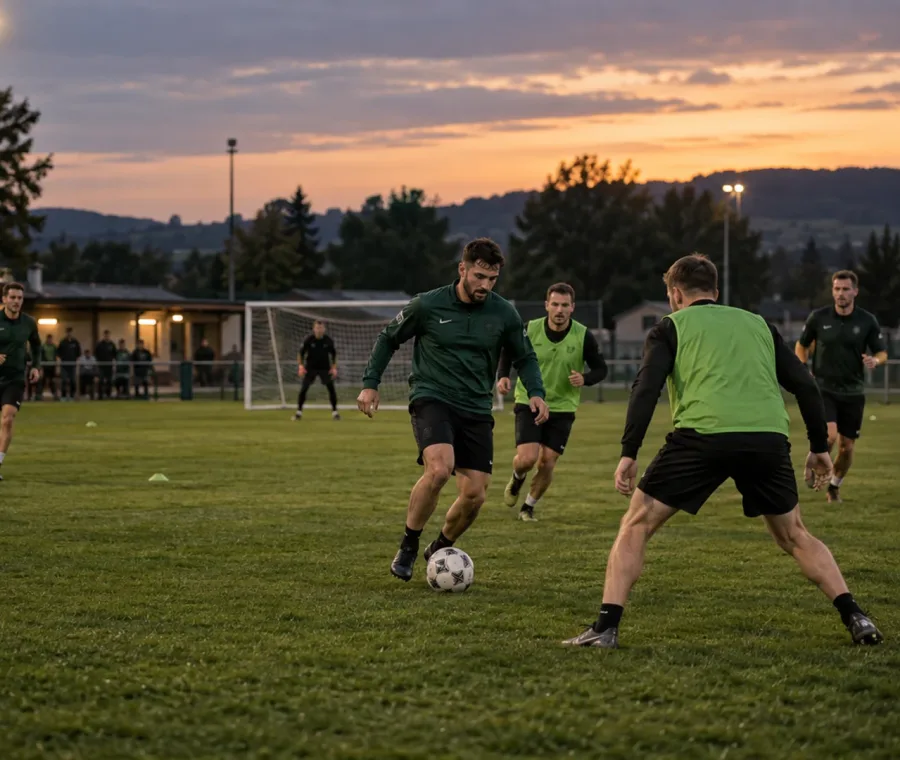 Generisches Stockmotiv: Erwachsene beim Fußballtraining auf einem lokalen Sportplatz