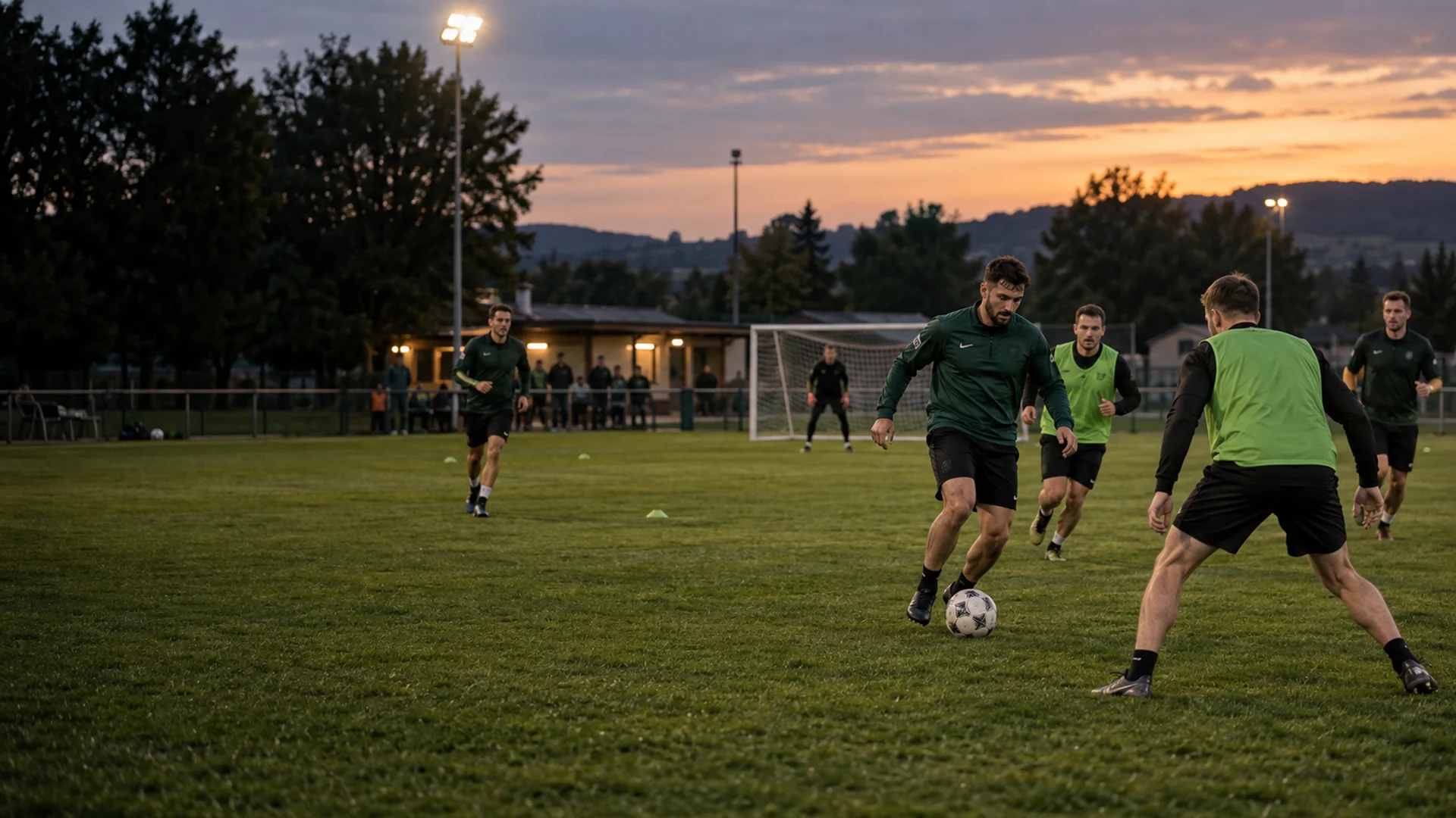 Generisches Stockmotiv: Erwachsene beim Fußballtraining auf einem lokalen Sportplatz