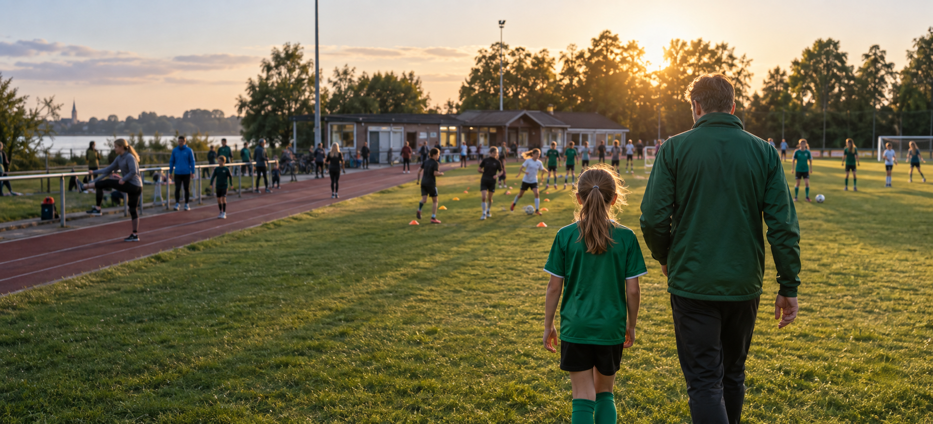 Generisches Stockmotiv: eine lokale Sportgemeinschaft beim Training im Sportpark